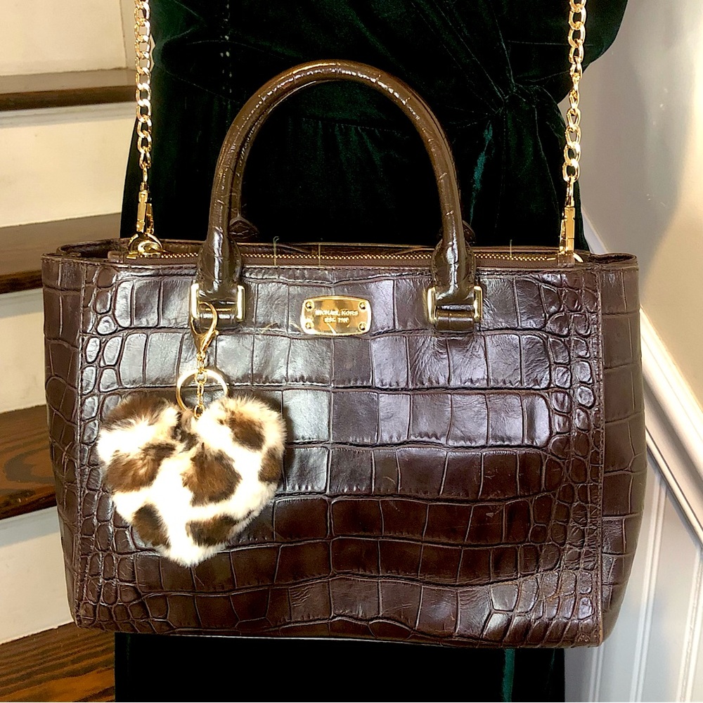 MICHAEL KORS Kellan Croc Embossed Brown Leather Satchel Crossbody Shoulder Bag